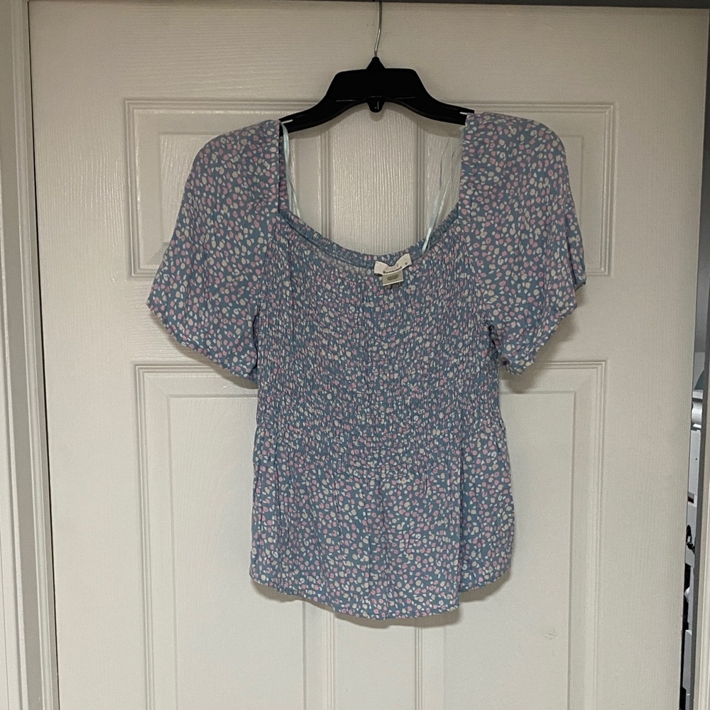 URBAN Romantics Blue Smocked Floral Square-Neck Blouse
